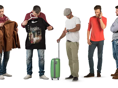 Men packing t-shirts checking watches talking on phones holding jackets with green suitcases 3d model