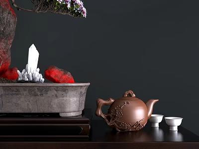 Traditional Chinese Tea Set With Teapot Cups Bonsai Red Rocks And White Crystal 3d model