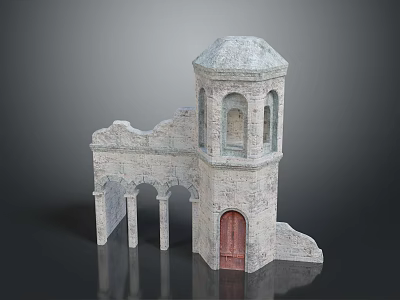 Ancient Ruined Building Featuring Stone Tower Arched Doorways And Red Brick Door 3d model