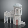 Ancient Ruined Building Featuring Stone Tower Arched Doorways And Red Brick Door