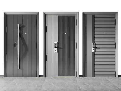Three Modern Security Doors With Different Designs Gray Finish And Lock Systems 3d model