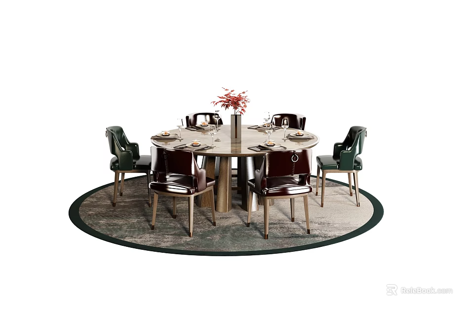 Elegant Round Dining Table Set With Leather Chairs Tableware Flower Bouquet And Round Rug 3d model 