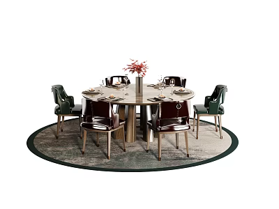 Elegant Round Dining Table Set With Leather Chairs Tableware Flower Bouquet And Round Rug 3d model