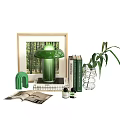 Green Themed Decorative Ornament Set with Mushroom Lamp Vase Plants Books and Frame