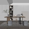 Modern Home Office Interior With Wooden Desk Laptop Built in Shelves Chair and Gray Rug