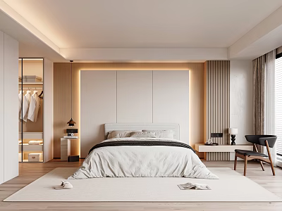 Modern Bedroom With Panel Headboard Open Closet Nightstand Wooden Chair Soft Rug And Ambient Lighting 3d model
