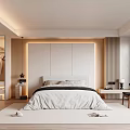 Modern Bedroom With Panel Headboard Open Closet Nightstand Wooden Chair Soft Rug And Ambient Lighting