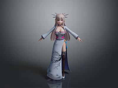 Woman Wearing Traditional Robe With Long Sleeves Decorative Hairpieces And Ink Patterns 3d model
