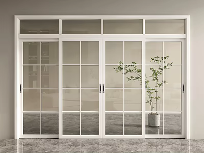 White Sliding Doors with Glass Panels in Modern Interior and Potted Plant on Gray Floor 3d model