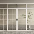 White Sliding Doors with Glass Panels in Modern Interior and Potted Plant on Gray Floor