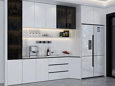 Modern White Kitchen Sideboard With Glass Doors Wine Glasses Coffee Machine And Fruits 3d model