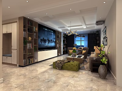 Modern Living Room Interior Design With Marble Floor TV Wall Bookshelves Sofa And Green Ottoman 3d model