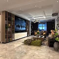 Modern Living Room Interior Design With Marble Floor TV Wall Bookshelves Sofa And Green Ottoman