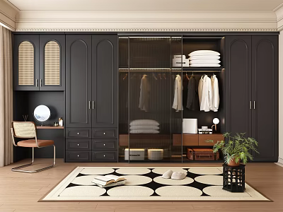 Modern Black Wardrobe With Glass Door Drawers And Dressing Table Interior 3d model