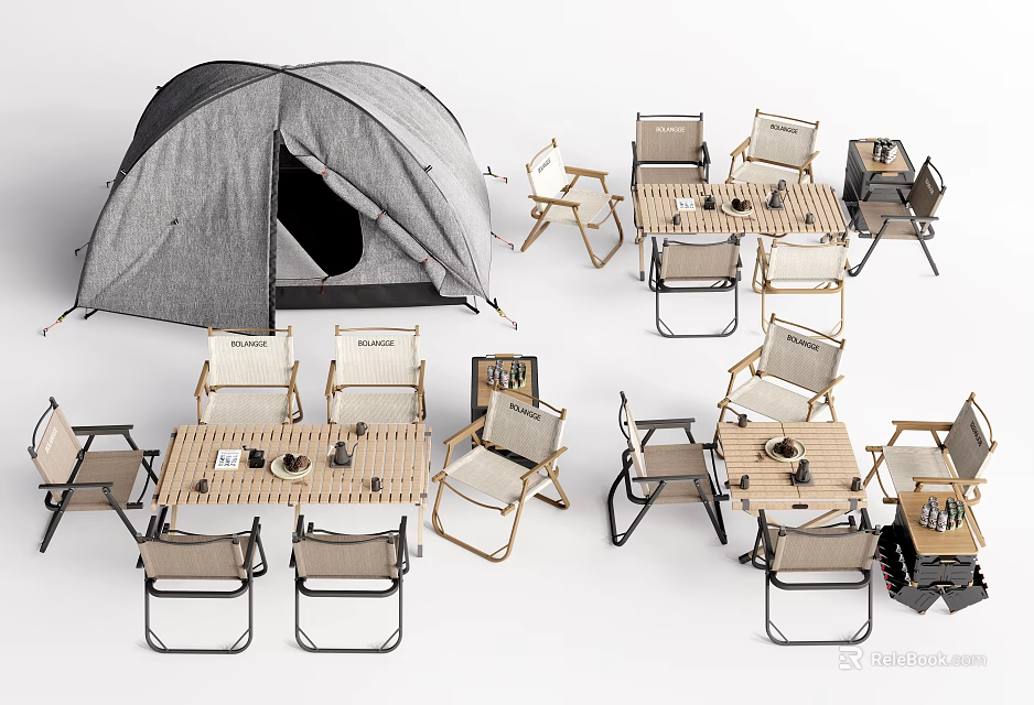 Outdoor Camping Table and Chair Sets with Foldable Chairs Near Tent for Activities 3d model 