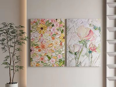 Colorful Floral Paintings On Wall With Green Plant And White Shelf 3d model