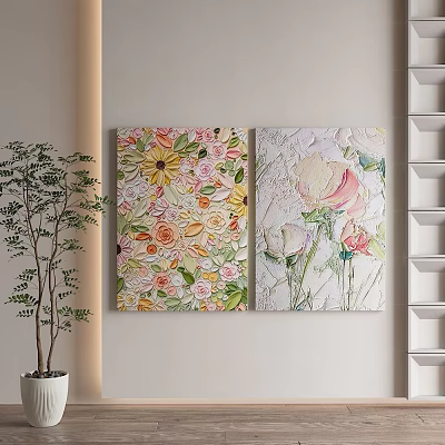Colorful Floral Paintings On Wall With Green Plant And White Shelf 3d model