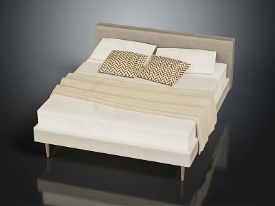Elegant Bed Design With Beige Headboard Geometric Pillow Beige Blanket White Sheets And Wooden Legs 3d model