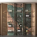 Elegant Modern Wine Cabinet With Marble Backdrop Metal Frame Glass Shelves And Wine Bottles