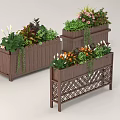 Wooden Planters With Various Flowers And Green Plants For Outdoor Garden Decor