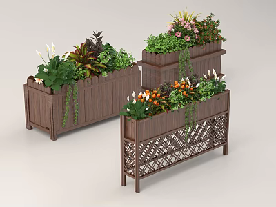 Wooden Planters With Various Flowers And Green Plants For Outdoor Garden Decor 3d model