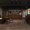 Vintage Clothing Store Interior With Wooden Furniture Fireplace And Piano
