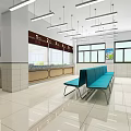 Clean Modern Hospital Corridor With Glass Partitions Blue Bench And Tile Floor