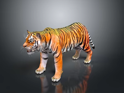Realistic Tiger With Orange Black Striped Fur Standing Pose Against Dark Background With Reflection 3d model