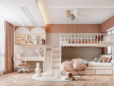 Kids Bedroom Interior With Bunk Bed Pink Chair Desk Rug And Warm Toned Walls 3d model