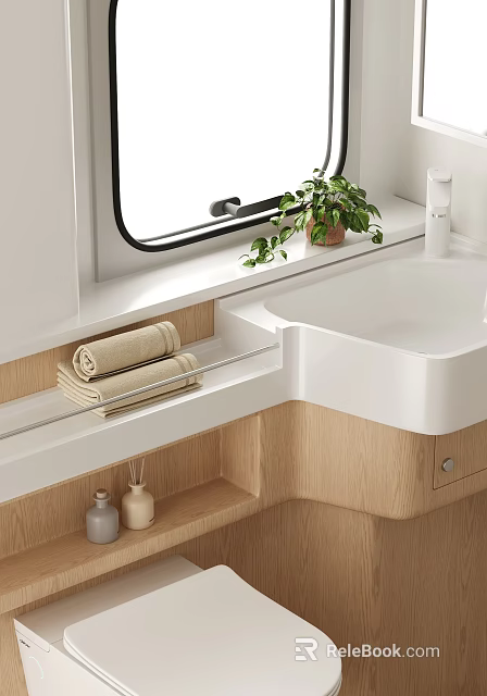 Modern Bathroom Interior With White Sink Wooden Cabinets Towel Rack Green Plants And Folded Towels 3d model 