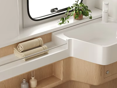 Modern Bathroom Interior With White Sink Wooden Cabinets Towel Rack Green Plants And Folded Towels 3d model