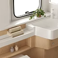 Modern Bathroom Interior With White Sink Wooden Cabinets Towel Rack Green Plants And Folded Towels