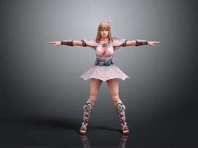 Female Warrior Character In Decorative Armor And Pink Skirt With Arms Outstretched On Gray Background 3d model