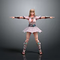 Female Warrior Character In Decorative Armor And Pink Skirt With Arms Outstretched On Gray Background