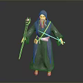 Hooded Wizard In Gray Robe With White Beard Holding Wooden Staff And Sword