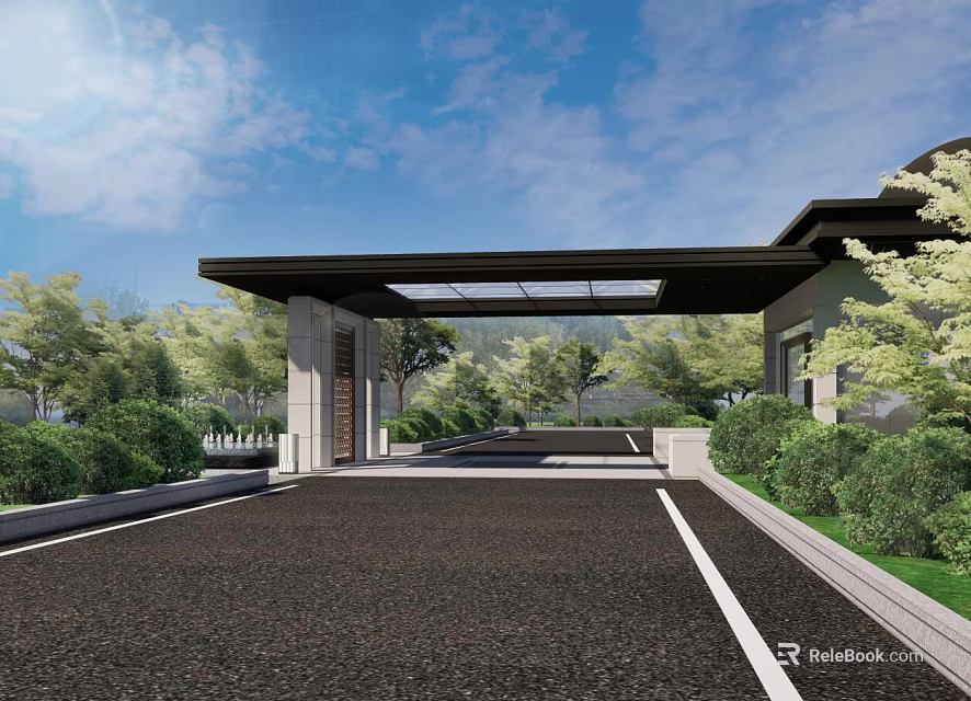 Modern Entrance Carport with Black Top and Transparent Panels Along Greenery Lined Driveway 3d model 