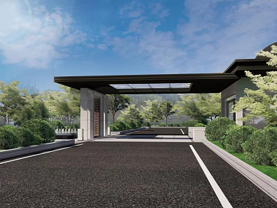 Modern Entrance Carport with Black Top and Transparent Panels Along Greenery Lined Driveway 3d model