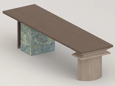 Modern Office Desk With Wooden Top And Textured Block Cylindrical Base 3d model