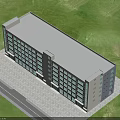 Modern Office Building With Light Gray White Exterior Large Windows Green Lawn And Blue Sky