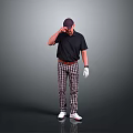 Golf Man Wearing Black Shirt Plaid Pants White Gloves And Cap Touching Head