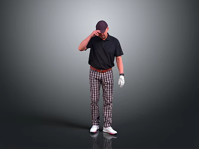 Golf Man Wearing Black Shirt Plaid Pants White Gloves And Cap Touching Head 3d model Golf Man Wearing Black Shirt Plaid Pants White Gloves And Cap Touching Head 3d model