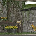 Rustic Stone Wall Hinged Door With Vines Yellow Flowers And Bicycle