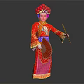 Traditional Chinese Opera Performer In Red Embroidered Costume With Fan And Stick