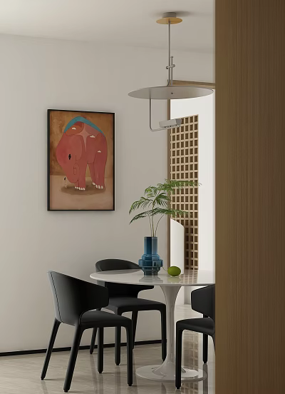 Restaurant Interior With Elephant Painting Round Table Black Chairs And Green Plant 3d model