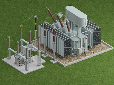 Industrial Power Transformer with Metal Structure Cylindrical Bushings Concrete Base Supporting Pipes on Green Grass 3d model
