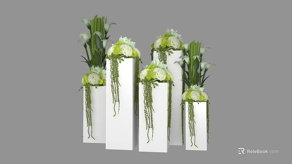 Green and White Flowers Arrangement with Hanging Green Vines in White Cube Vases 3d model 
