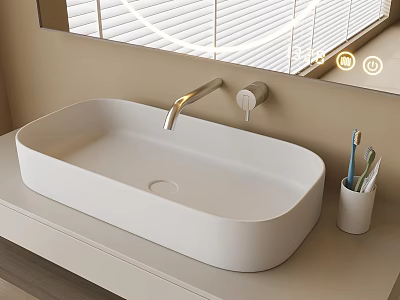 Modern White Oval Vessel Sink with Brushed Nickel Faucet and Toothbrush Holder in Contemporary Bathroom 3d model