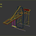 Industrial Machinery Blue Metal Frame With Red Components And Yellow Trolley