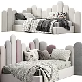 Kids Bed With Curved Headboard Soft Grey And Pink Decorative Pillows Patterned Blankets