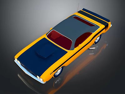 Yellow and Blue Classic Muscle Car with Red Windows and Striped Body 3d model